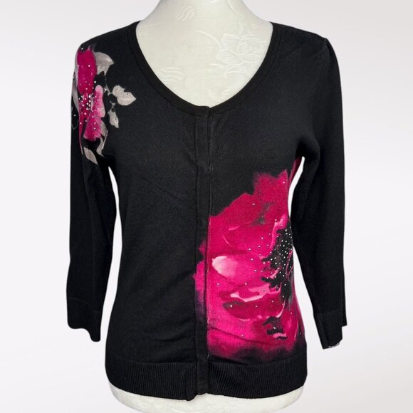 White House Black Market Cardigan Sweater Pink Floral Print 3/4 Sleeve Small - Picture 1 of 10